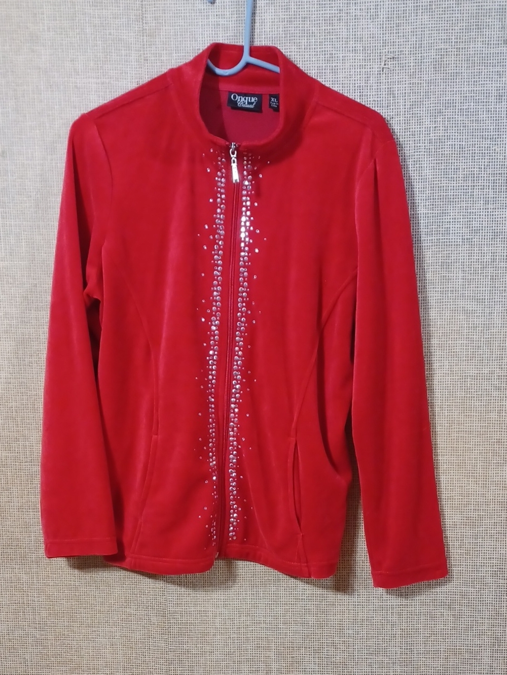Onque Casuals Red Velour Zip Jacket with Center Crystal Trim